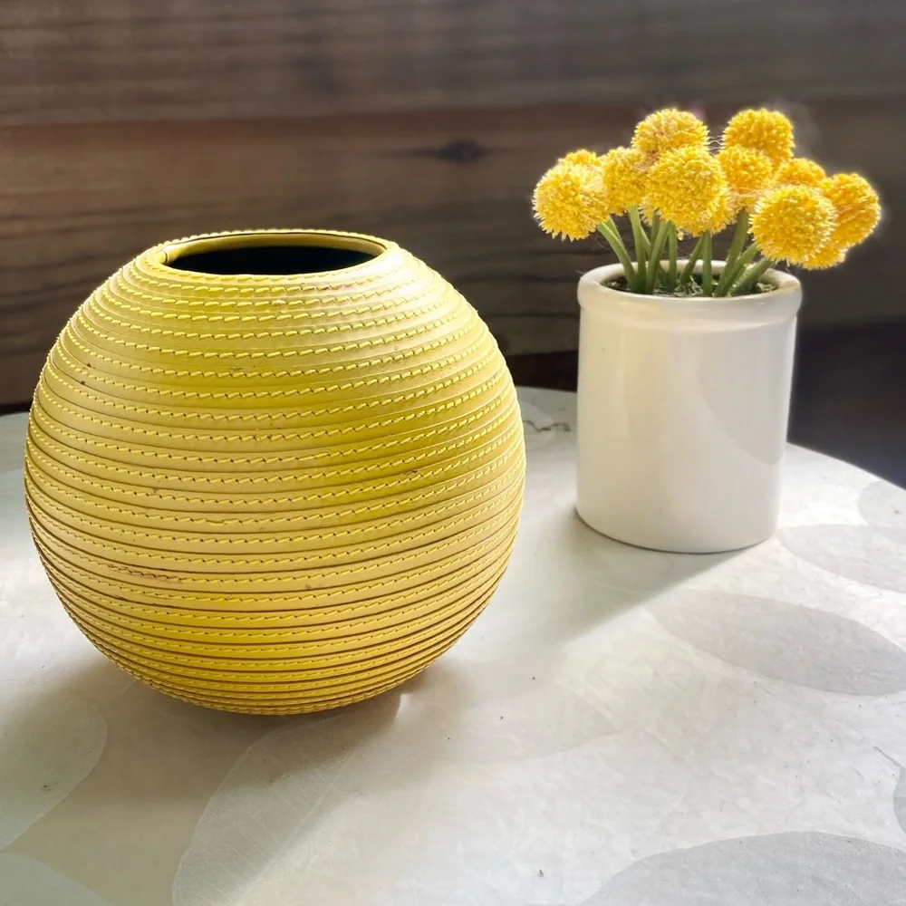 Crate & Barrel Yellow Leather Round Vase.